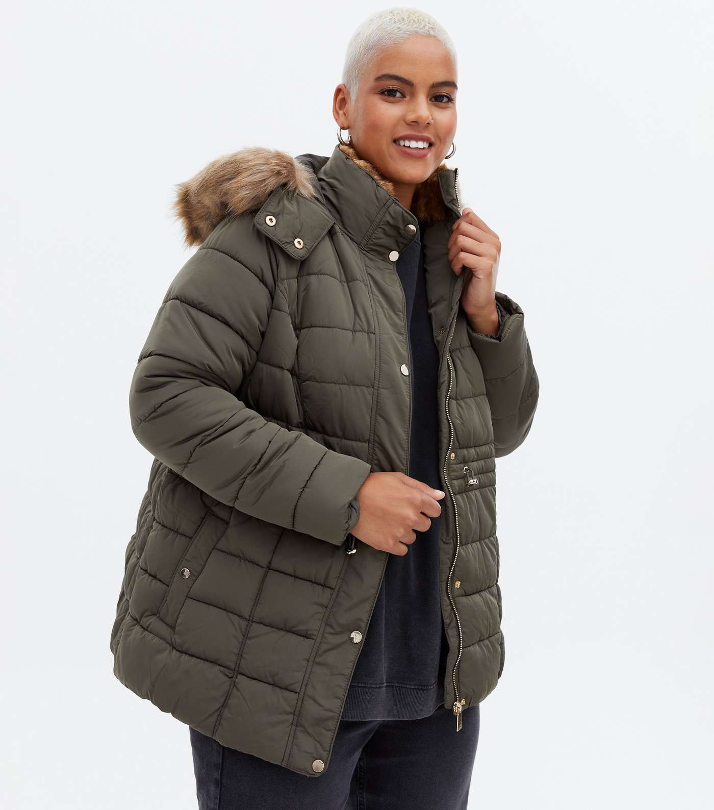 Curves Khaki Quilted Faux Fur Hood Puffer Jacket