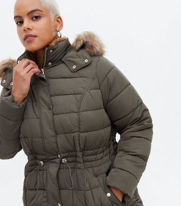 Curves Khaki Quilted Faux Fur Hood Puffer Jacket | New Look