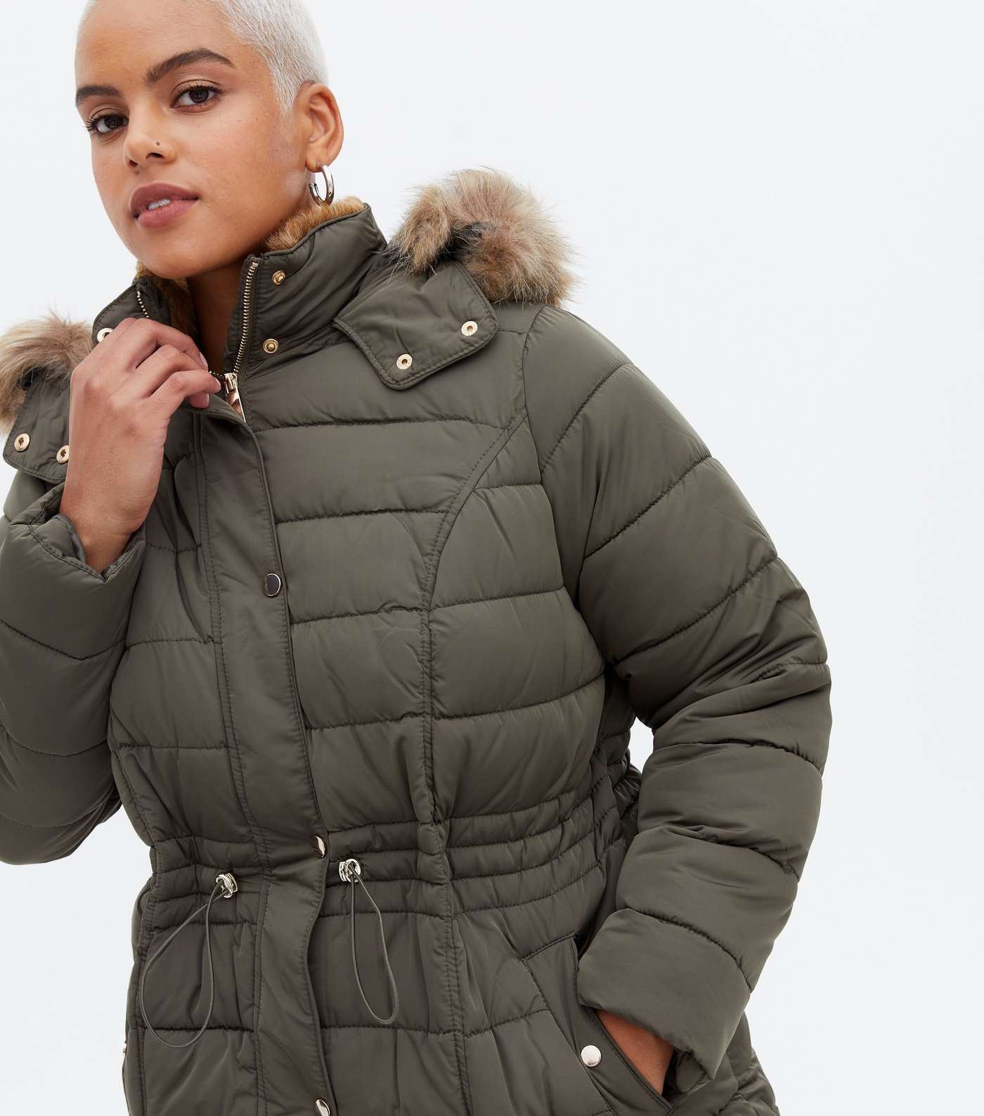 Curves Khaki Quilted Faux Fur Hood Puffer Jacket Image 3