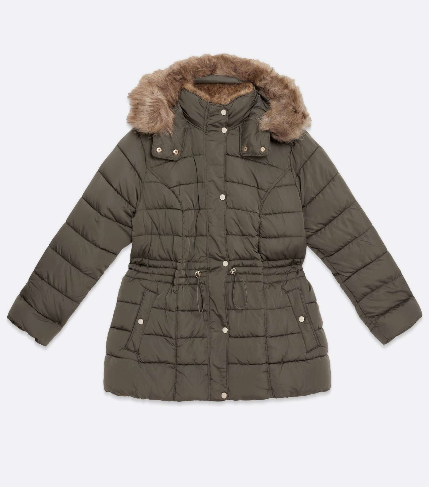 Curves Khaki Quilted Faux Fur Hood Puffer Jacket Image 5