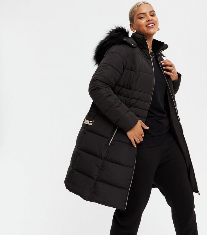 Curves Black Faux Fur Trim Long Puffer, Womens Long Padded Coat With Fur Hood