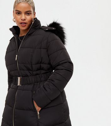 womens black puffer coat with belt