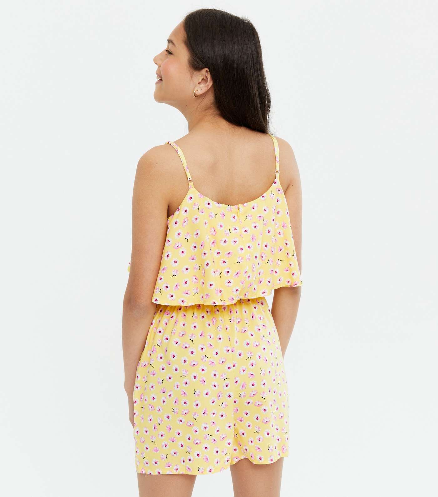 Girls Yellow Floral Overlay Strappy Playsuit Image 4