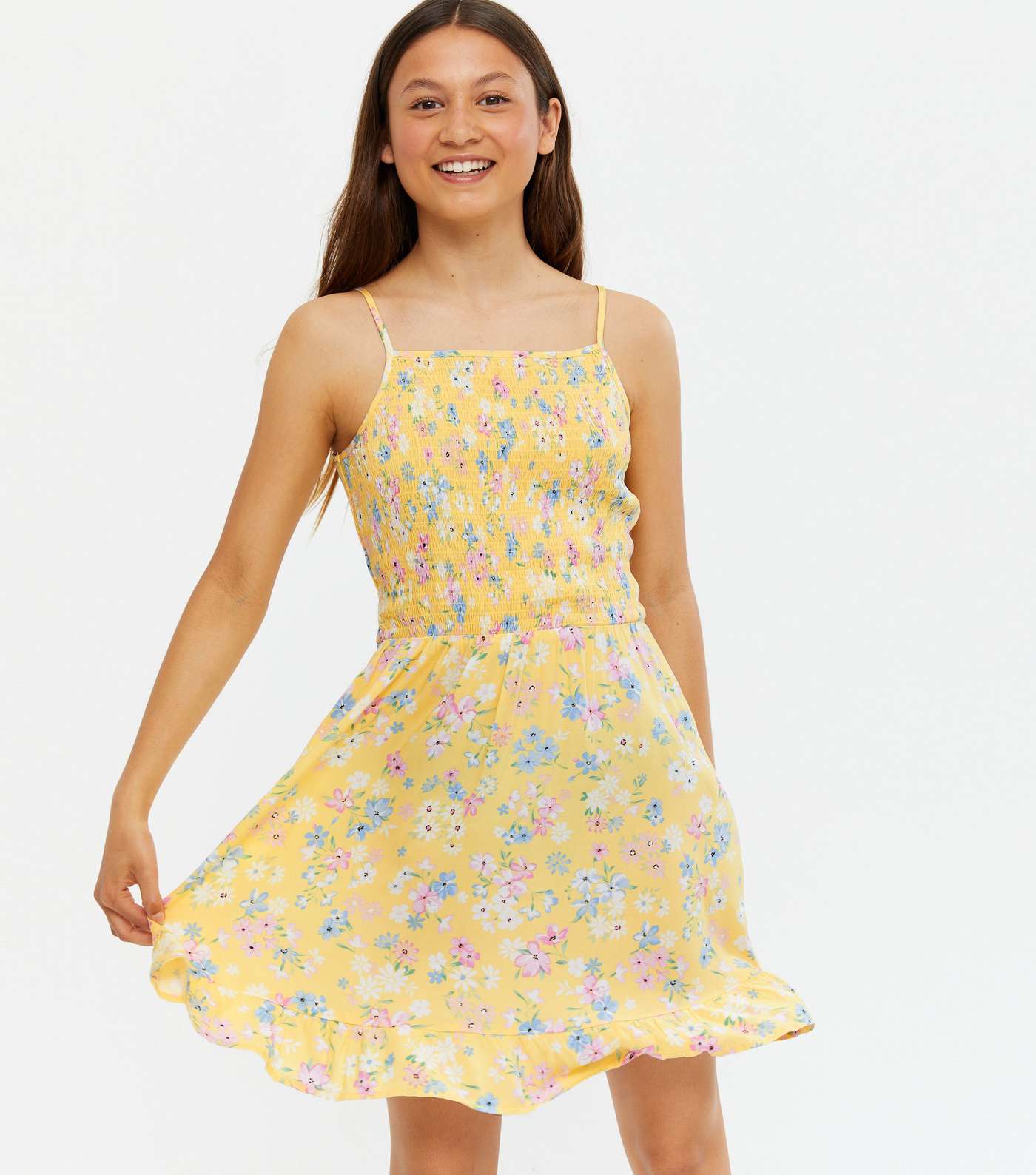 Girls Yellow Floral Shirred Square Neck Dress