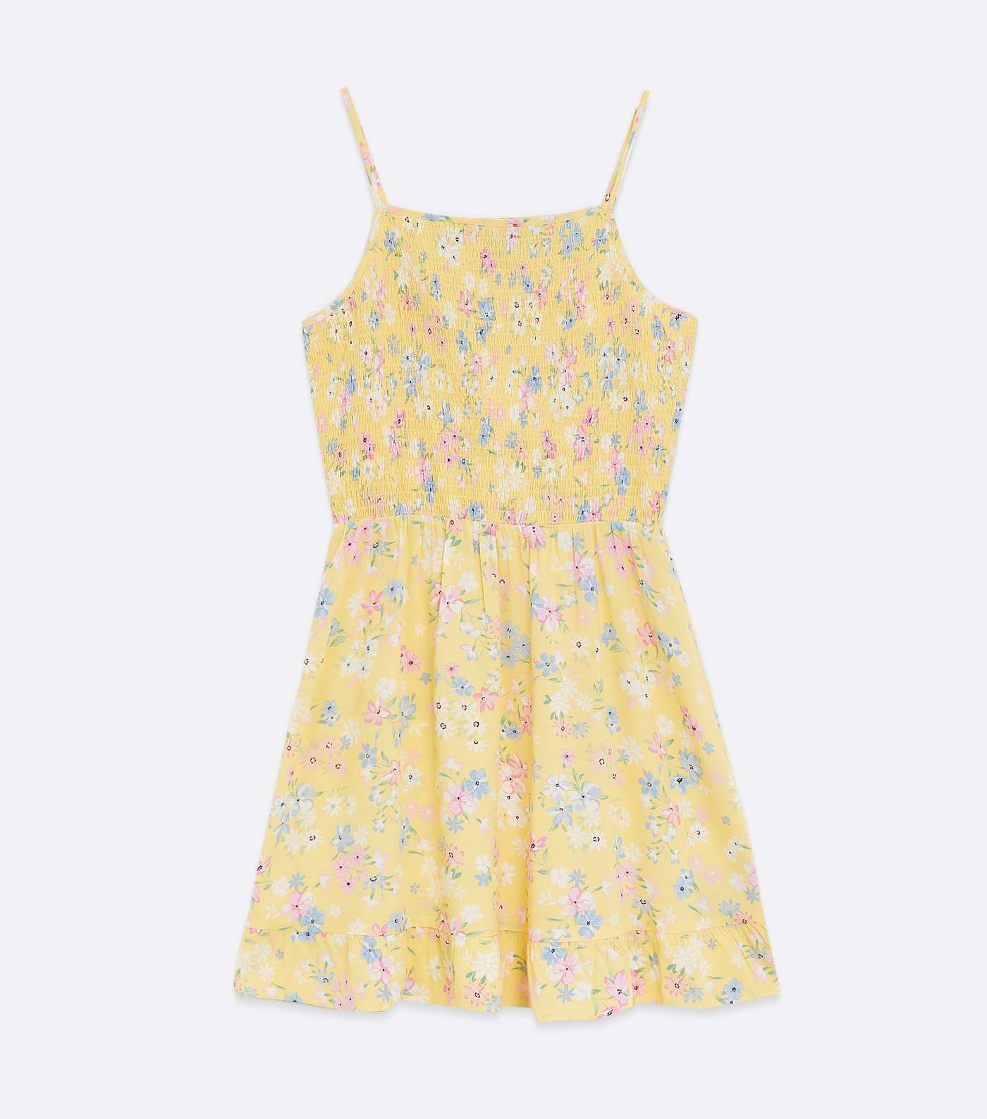 Girls Yellow Floral Shirred Square Neck Dress Image 5