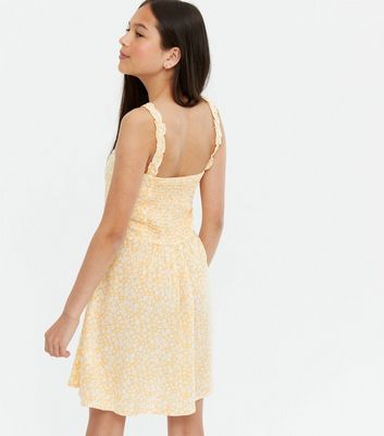 Girls Yellow Floral Cut Out Skater Dress