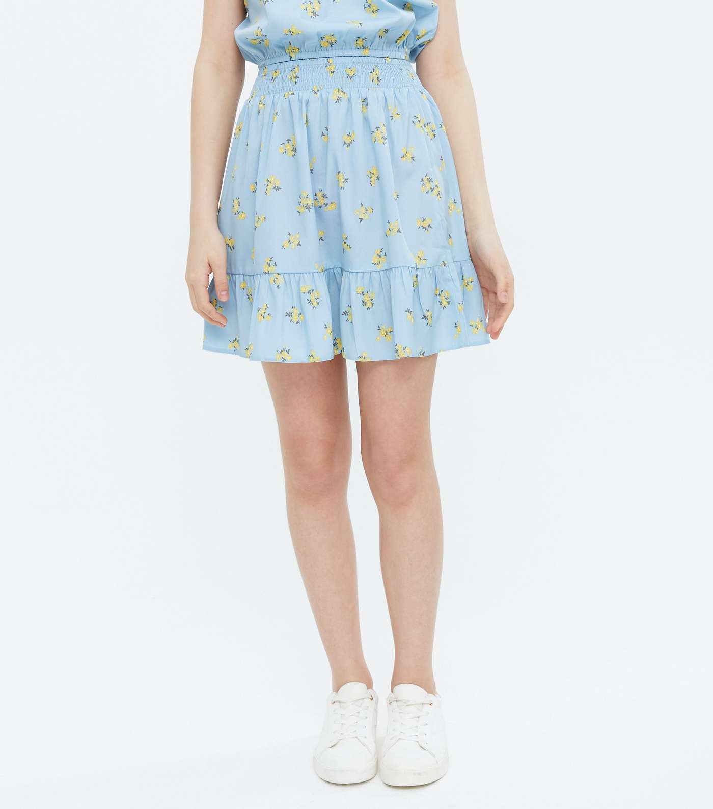 Girls Blue Ditsy Floral Bardot Top and Skirt Set Image 3