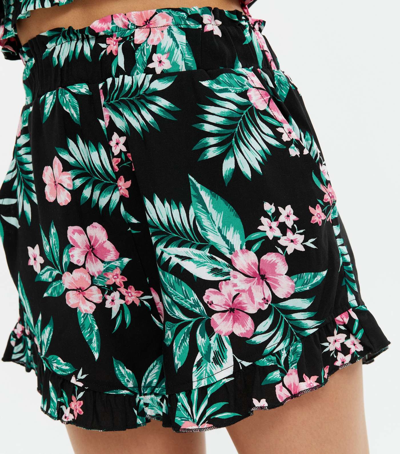 Girls Black Tropical Frill Shorts Image 3