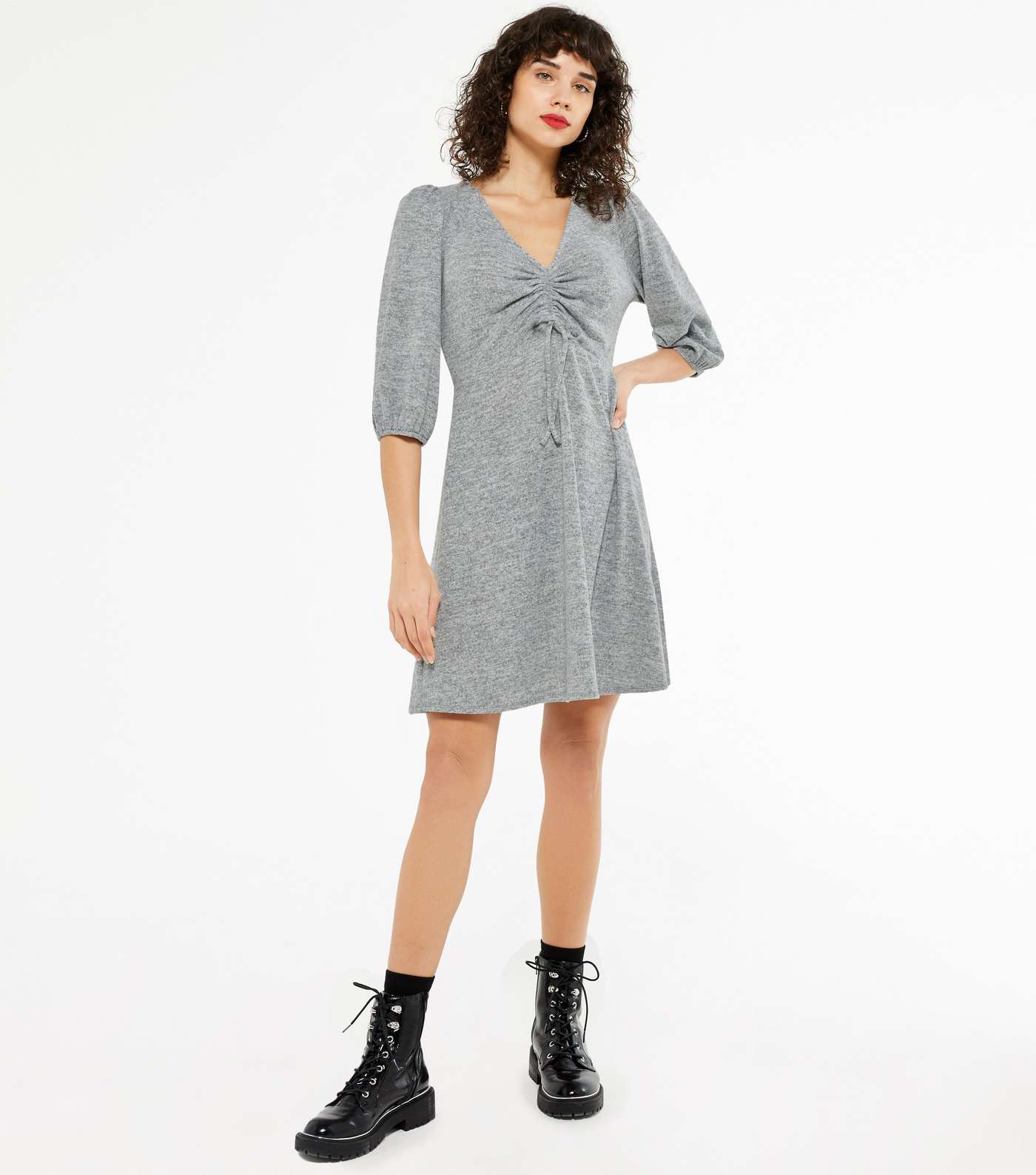 Grey Marl Jersey Ruched Front Skater Dress Image 2