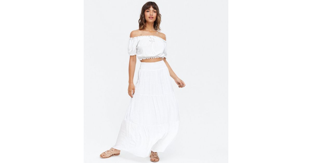womens white tiered maxi skirt