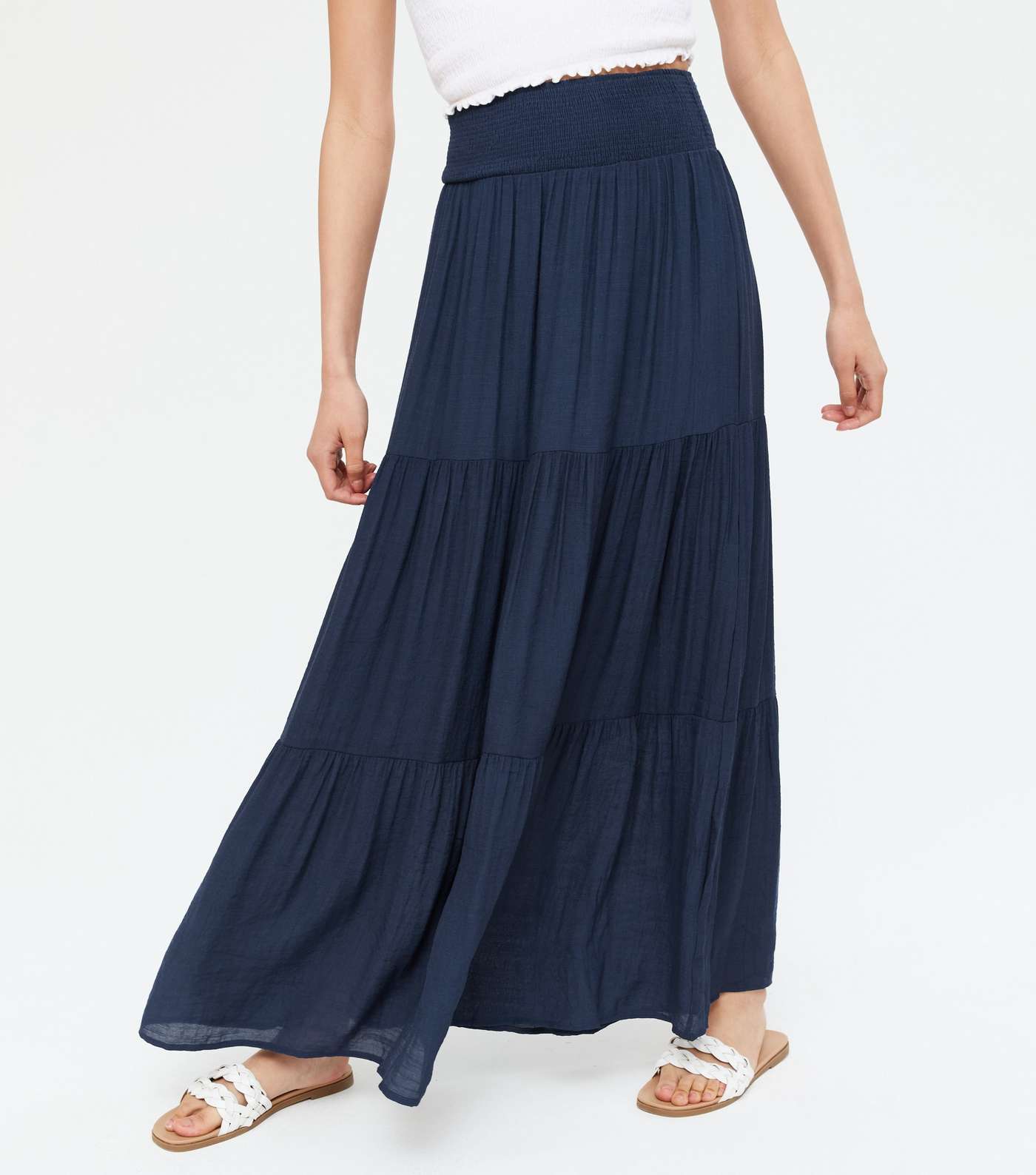Blue Vanilla Navy Shirred Waist Tiered Maxi Skirt Image 2