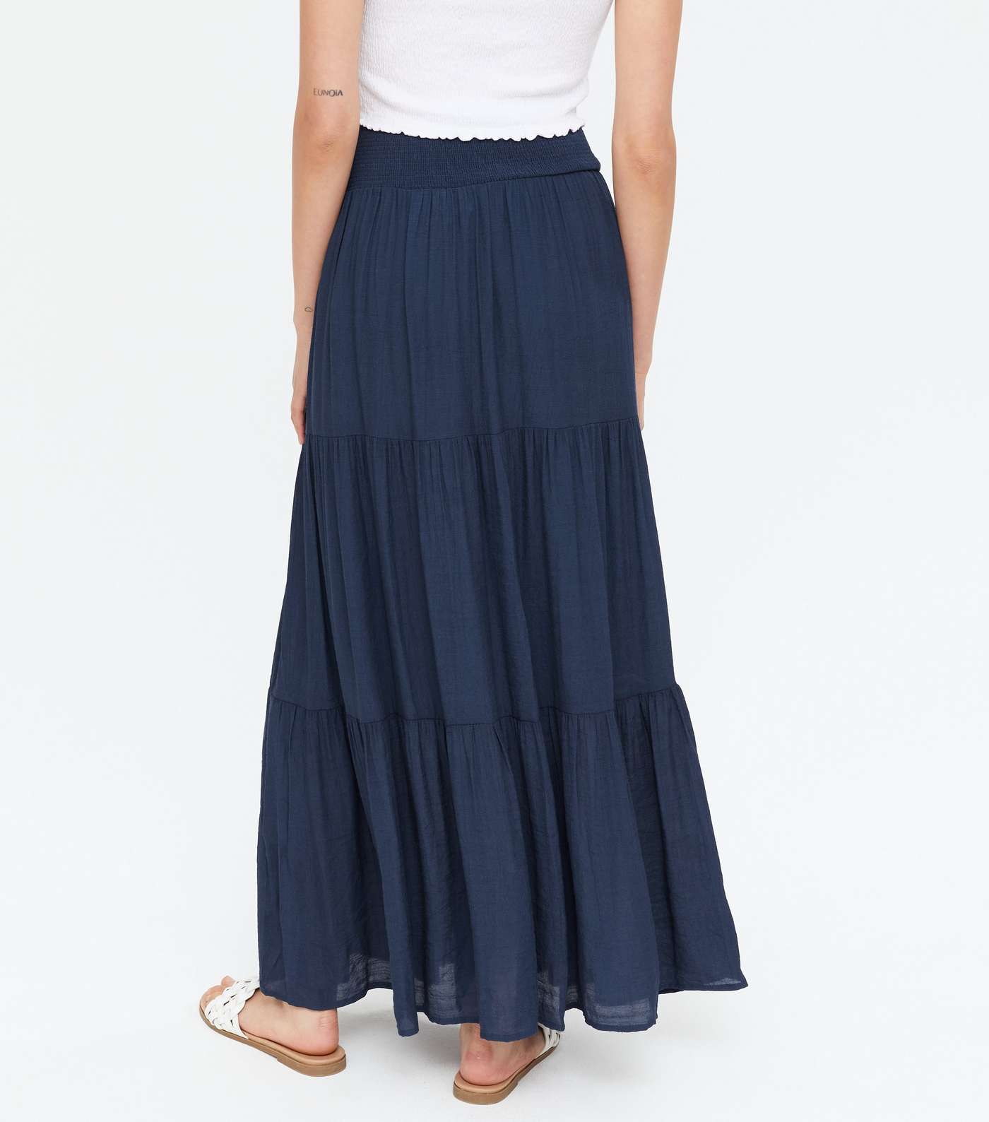Blue Vanilla Navy Shirred Waist Tiered Maxi Skirt Image 4