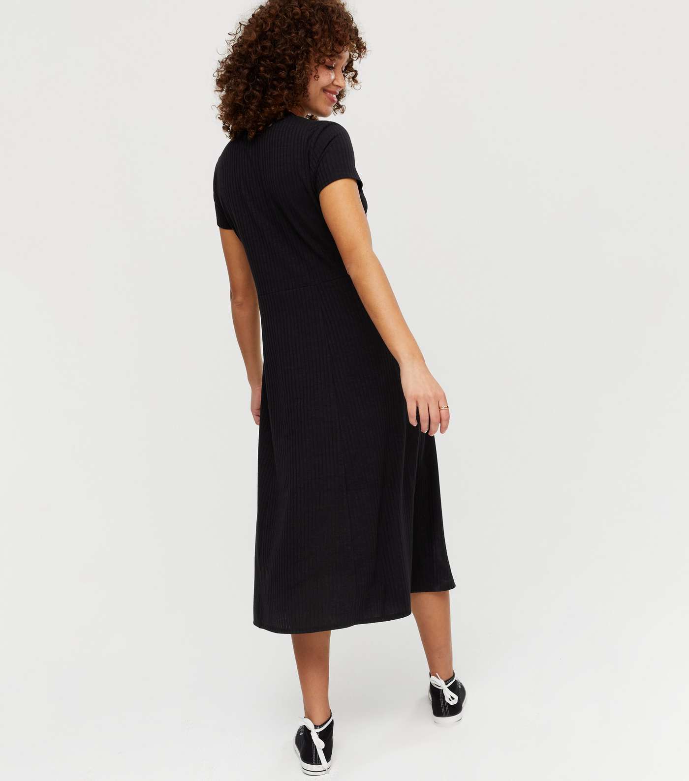 Black Ribbed Jersey Button Midi Dress Image 3