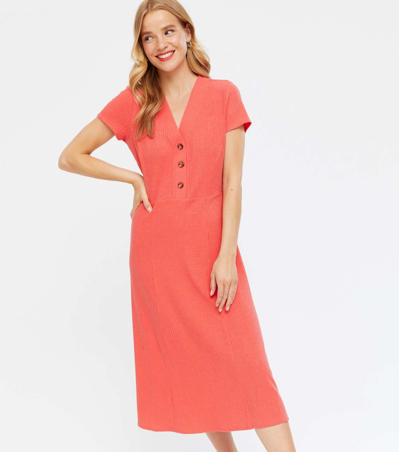 Coral Ribbed Jersey Button Midi Dress Image 2