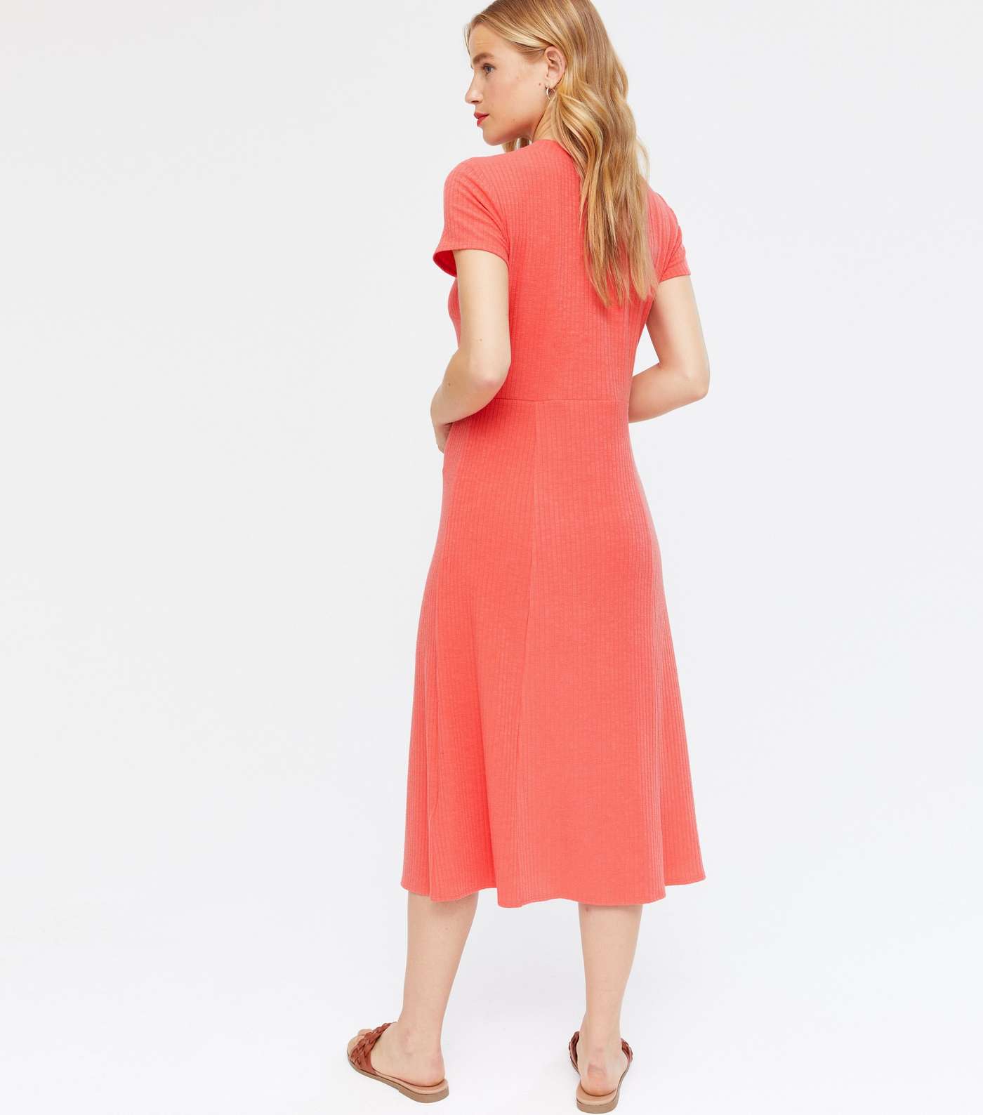 Coral Ribbed Jersey Button Midi Dress Image 4