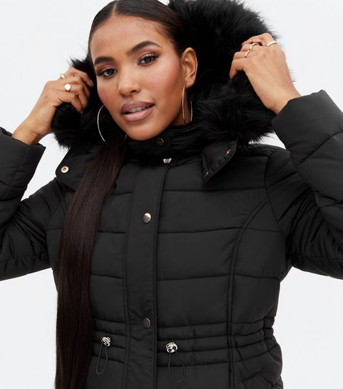Black Faux Fur Hooded Puffer Jacket, Fur Hooded Coat Short