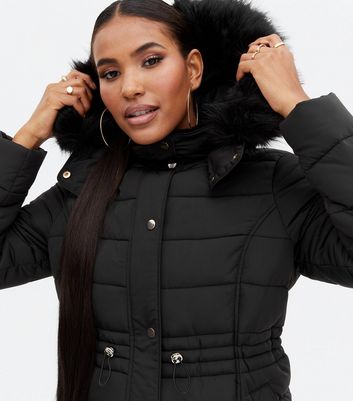 Black Faux Fur Hooded Puffer Jacket New Look