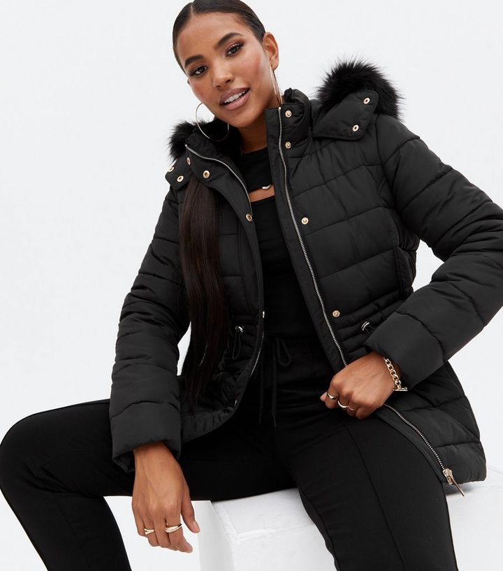 Black Faux Fur Hooded Puffer Jacket, Womens Black Coat With Grey Fur Hood