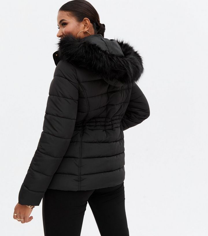 Black Faux Fur Hooded Puffer Jacket, Black Faux Fur Hooded Coat Womens