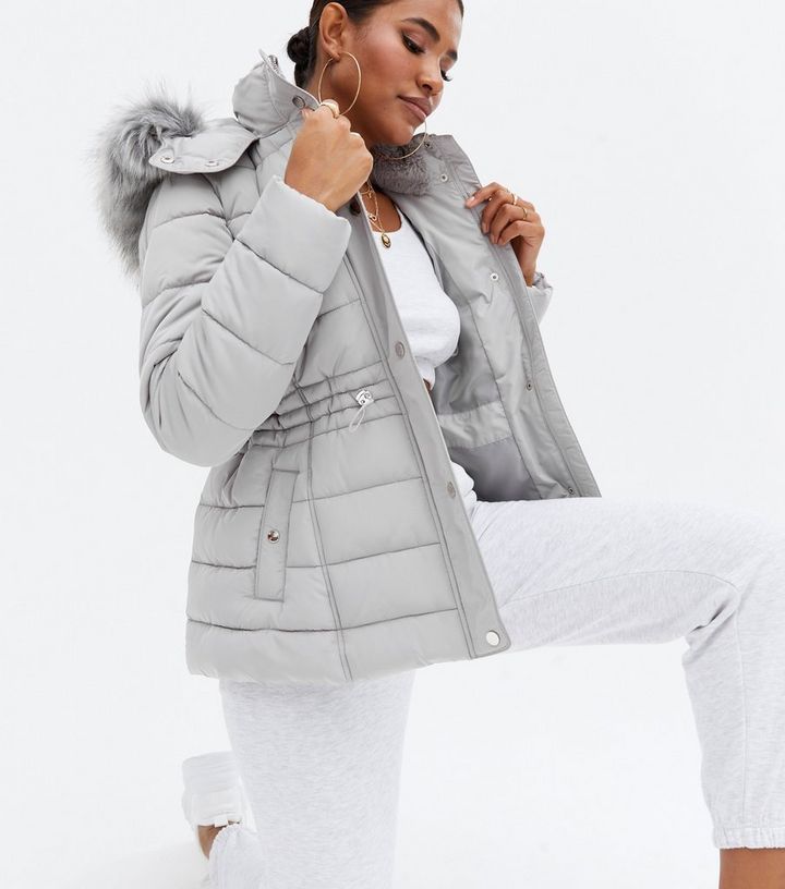 Pale Grey Faux Fur Hooded Puffer Jacket, Grey Coat With Hood Womens