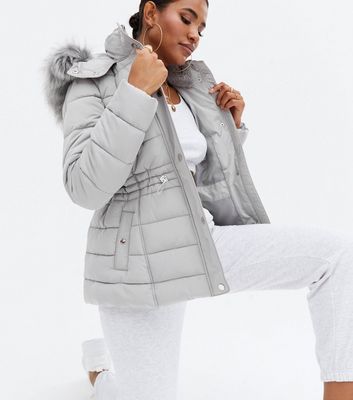Pale Grey Faux Fur Hooded Puffer Jacket 
