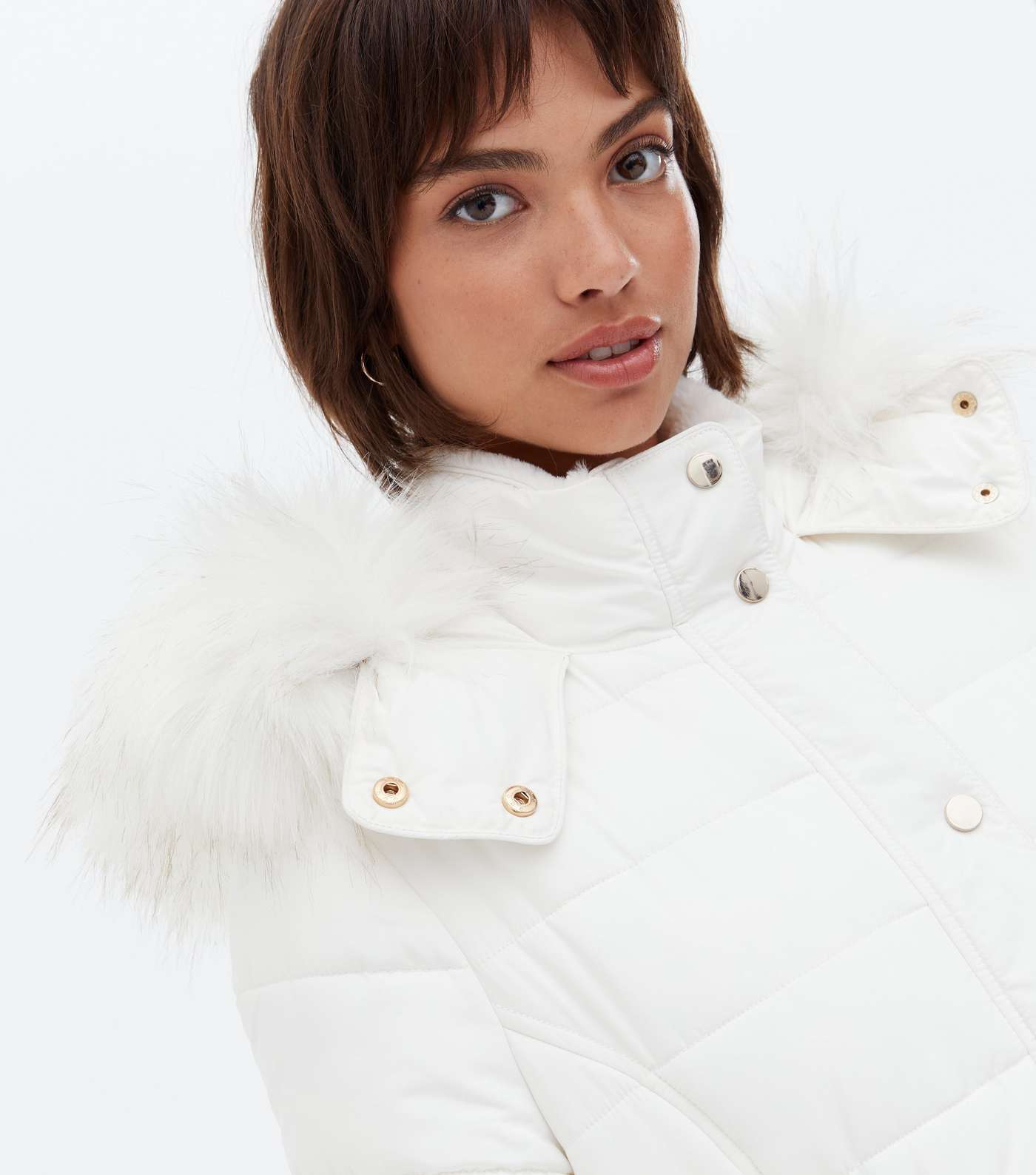 Off White Faux Fur Hooded Puffer Jacket Image 3
