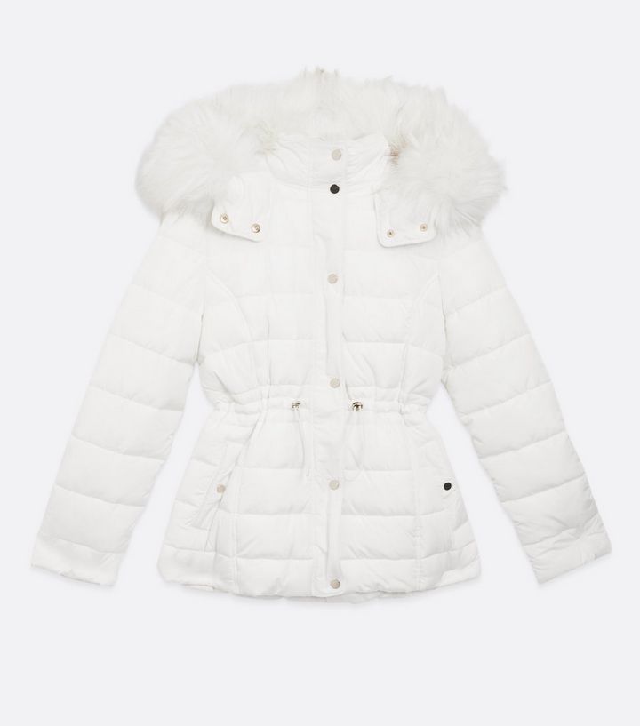 Off White Faux Fur Hooded Puffer Jacket, White Puffer Coat With Hood
