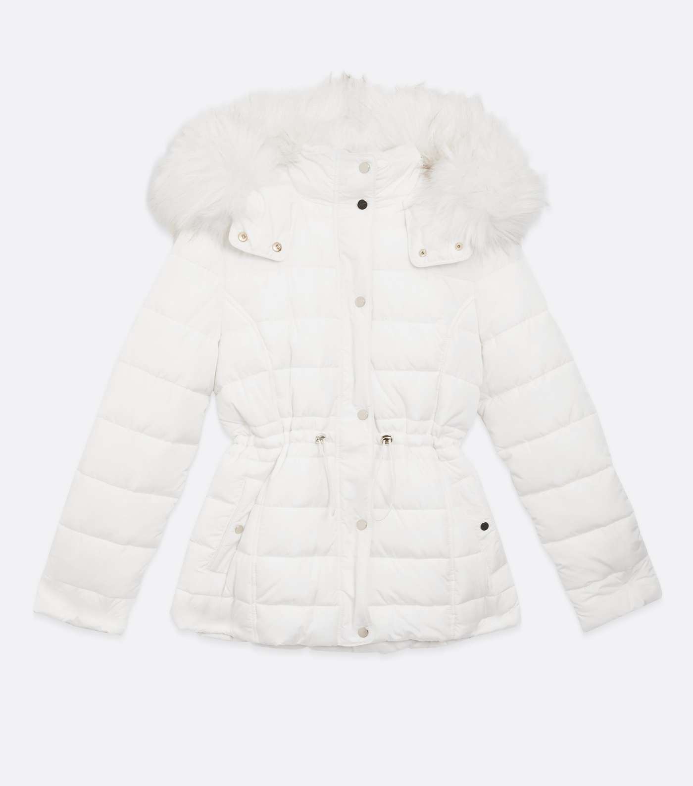 Off White Faux Fur Hooded Puffer Jacket Image 5