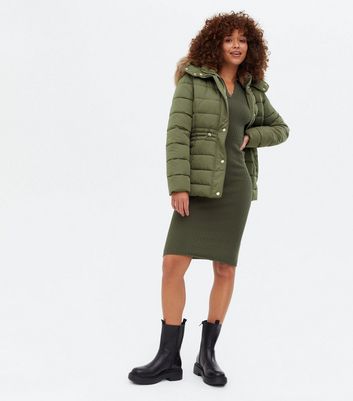 khaki faux leather hooded puffer jacket