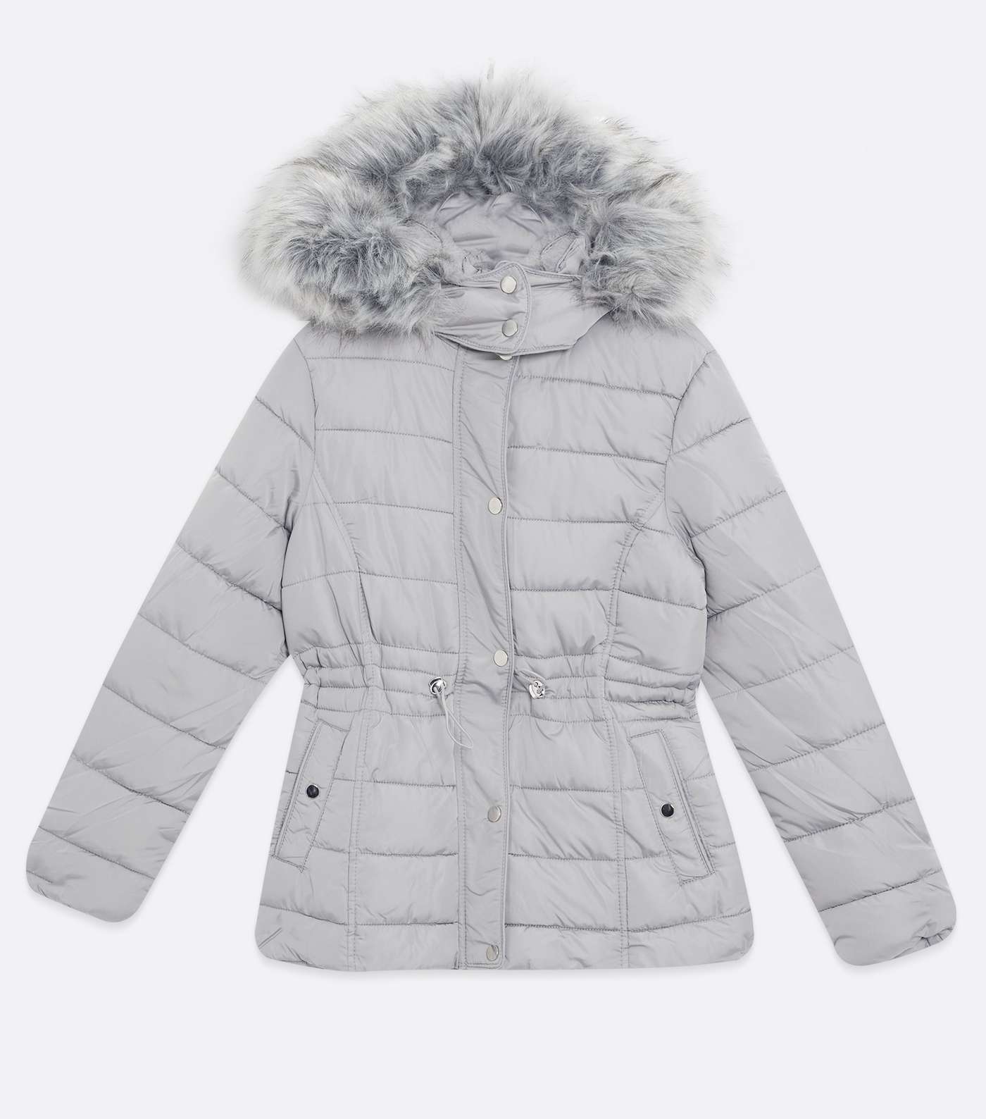 Petite Pale Grey Faux Fur Hooded Puffer Jacket Image 5
