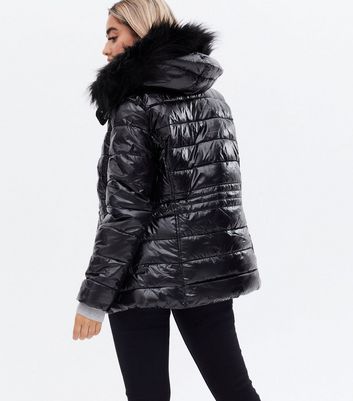 black shiny coat with fur hood new look