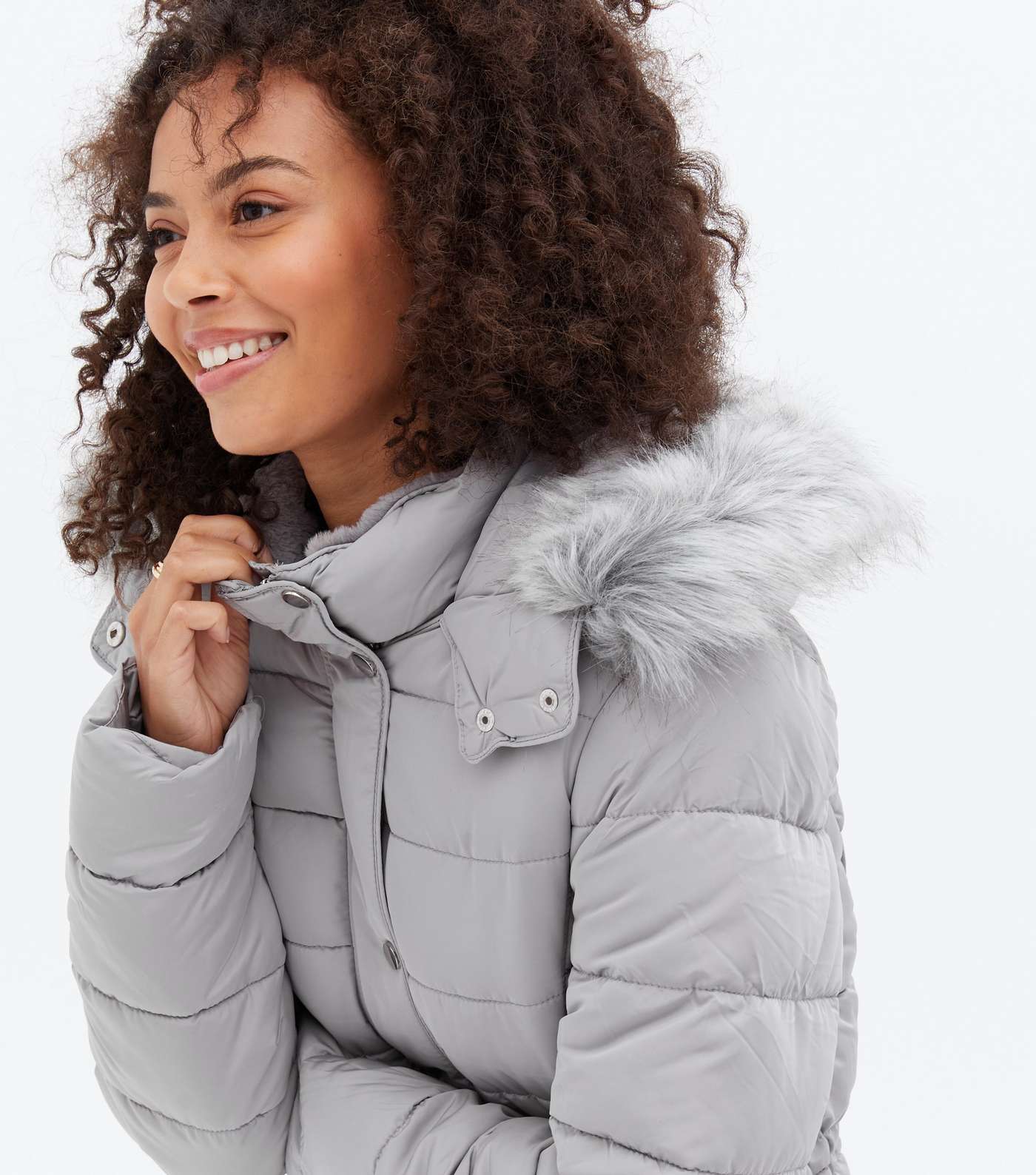 Tall Pale Grey Faux Fur Hooded Puffer Jacket Image 3