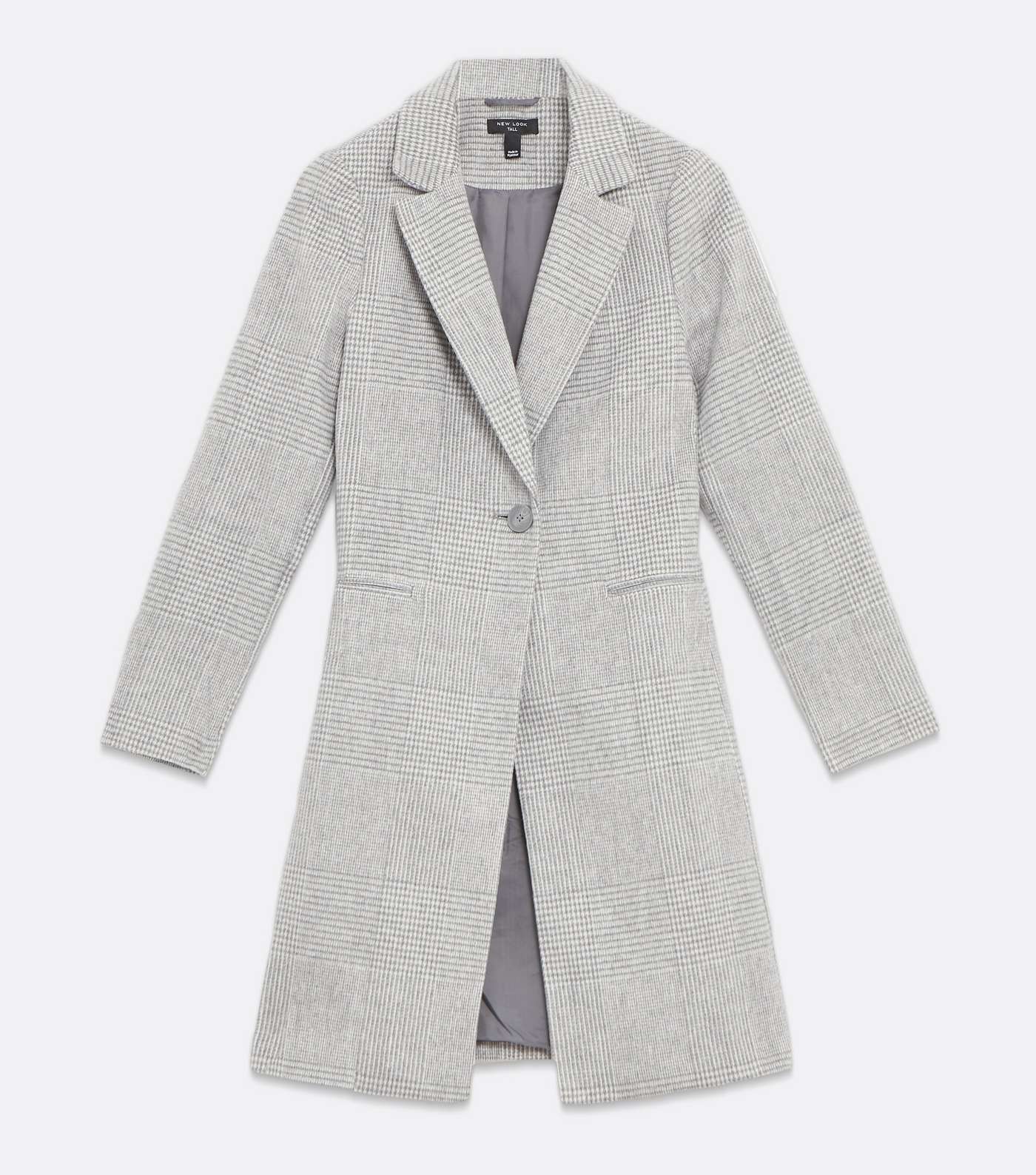 Tall Light Grey Check Revere Collar Long Coat Image 5