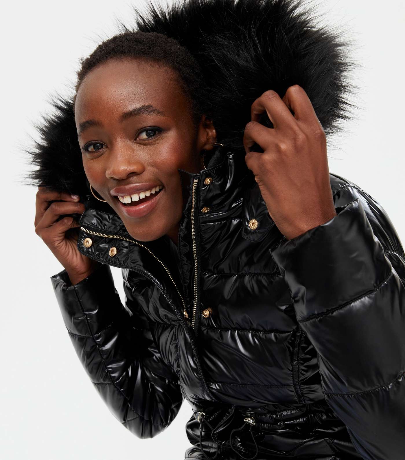Tall Black Hooded Wet Look Puffer Jacket Image 3