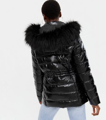 Tall Black Hooded Wet Look Puffer Jacket New Look
