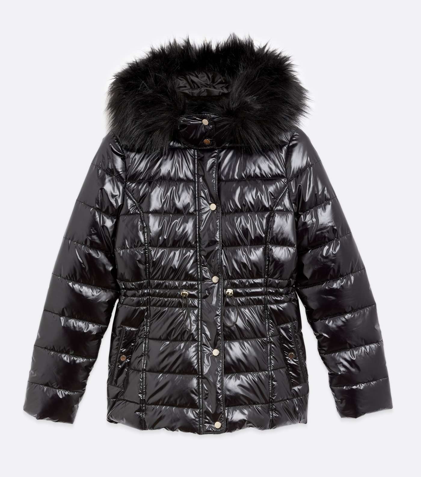Tall Black Hooded Wet Look Puffer Jacket Image 5