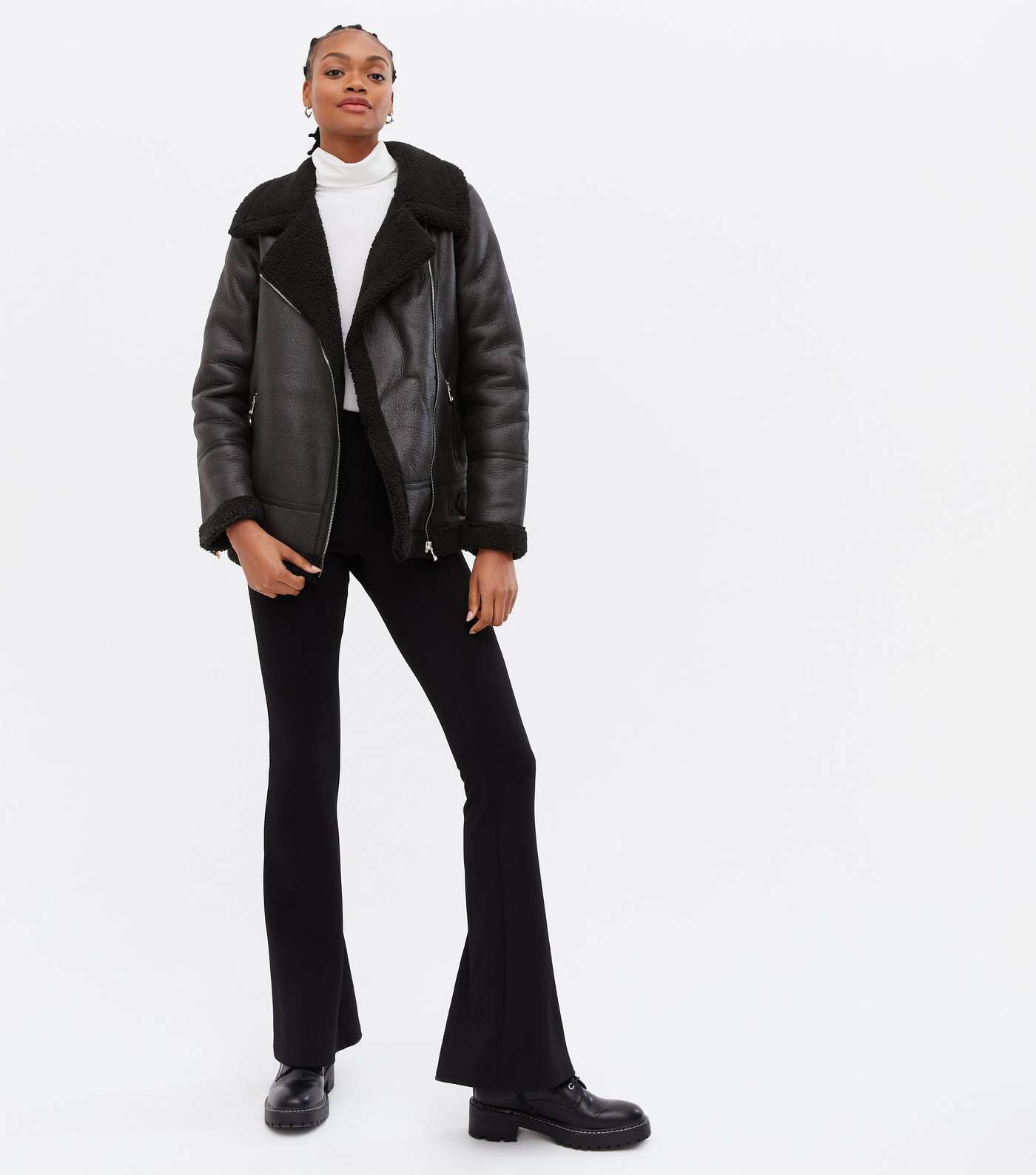 Tall Black Leather-Look Faux Shearling Aviator Jacket Image 2