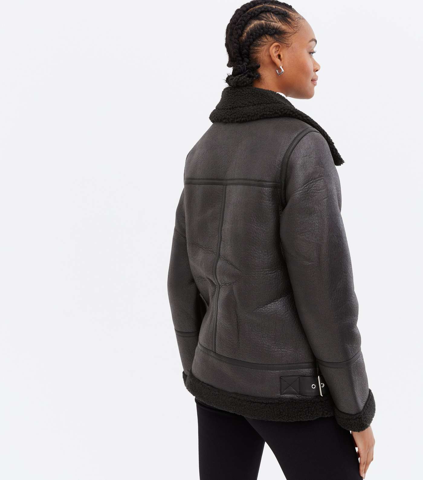Tall Black Leather-Look Faux Shearling Aviator Jacket Image 4
