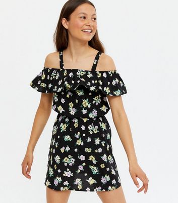 Girls Black Floral Ruffle Cold Shoulder Dress New Look