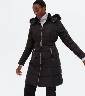 black collared belted puffer jacket