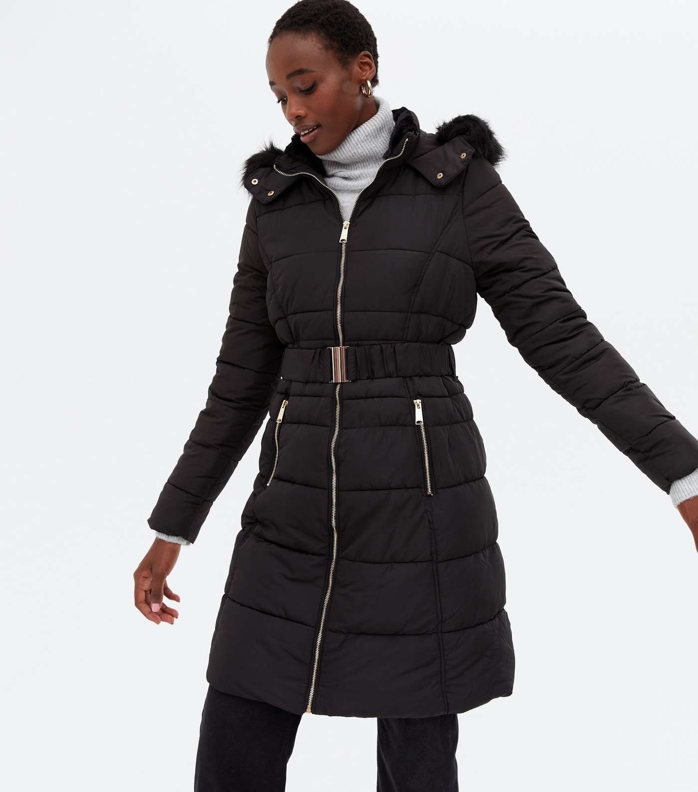 Tall Black Belted Puffer Long Jacket