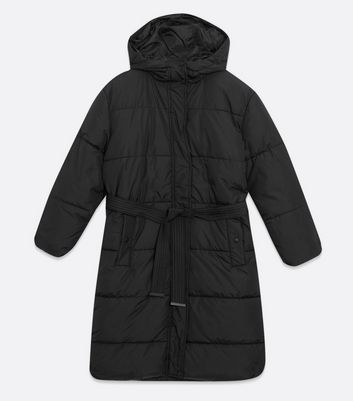Petite Black Belted Long Puffer Jacket 