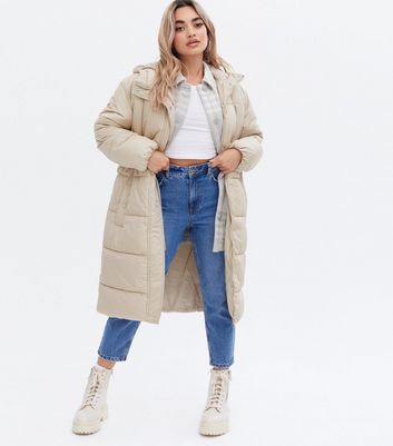 Petite Stone Belted Long Puffer Jacket 