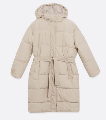 Petite Stone Belted Long Puffer Jacket 