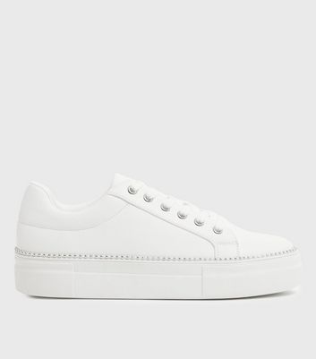Click to view product details and reviews for White Leather Look Chain Lace Up Flatform Trainers New Look Vegan.