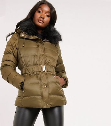 khaki puffer jacket with faux fur hood