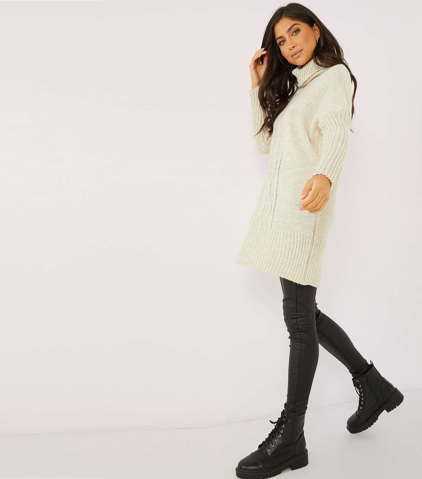 QUIZ Stone Cable Knit Roll Neck Jumper Dress