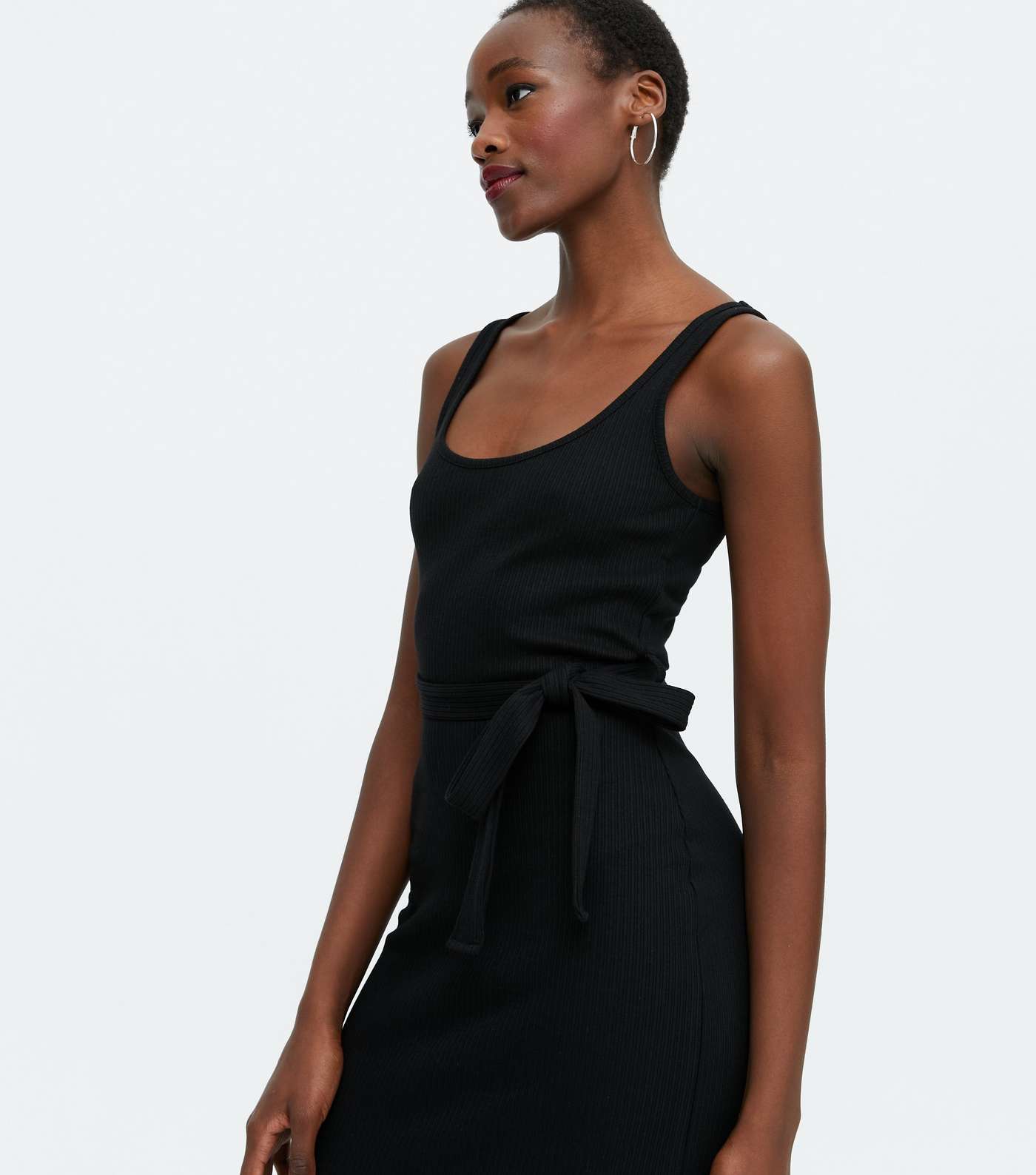 Tall Black Ribbed Tie Waist Midi Dress Image 3