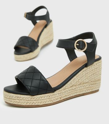 shop for Black Quilted Espadrille Wedge Sandals New Look at Shopo