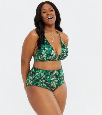 Curves Green Palm High Waist Bikini Bottoms New Look